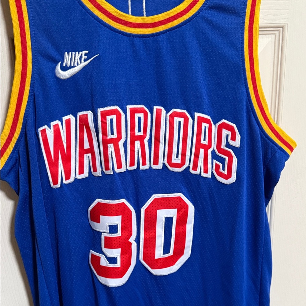 Nike Blue Warriors Jersey with Red and Yellow Trim